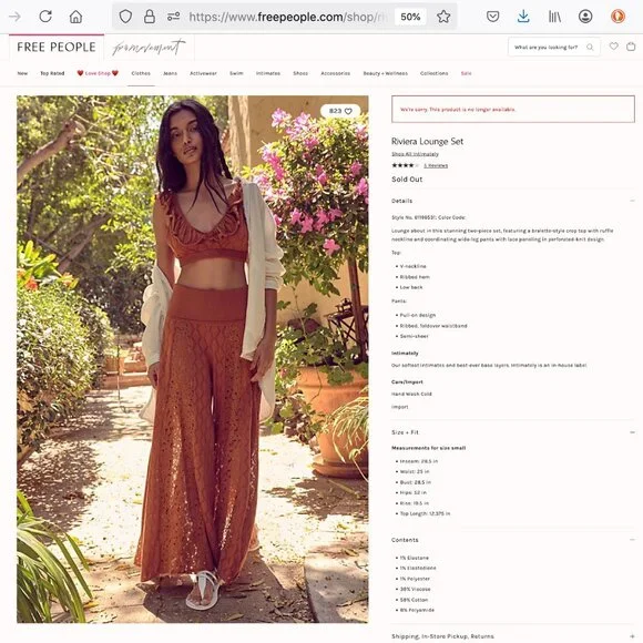 Free People FP Intimately Riviera Lounge Set Pants Sz S